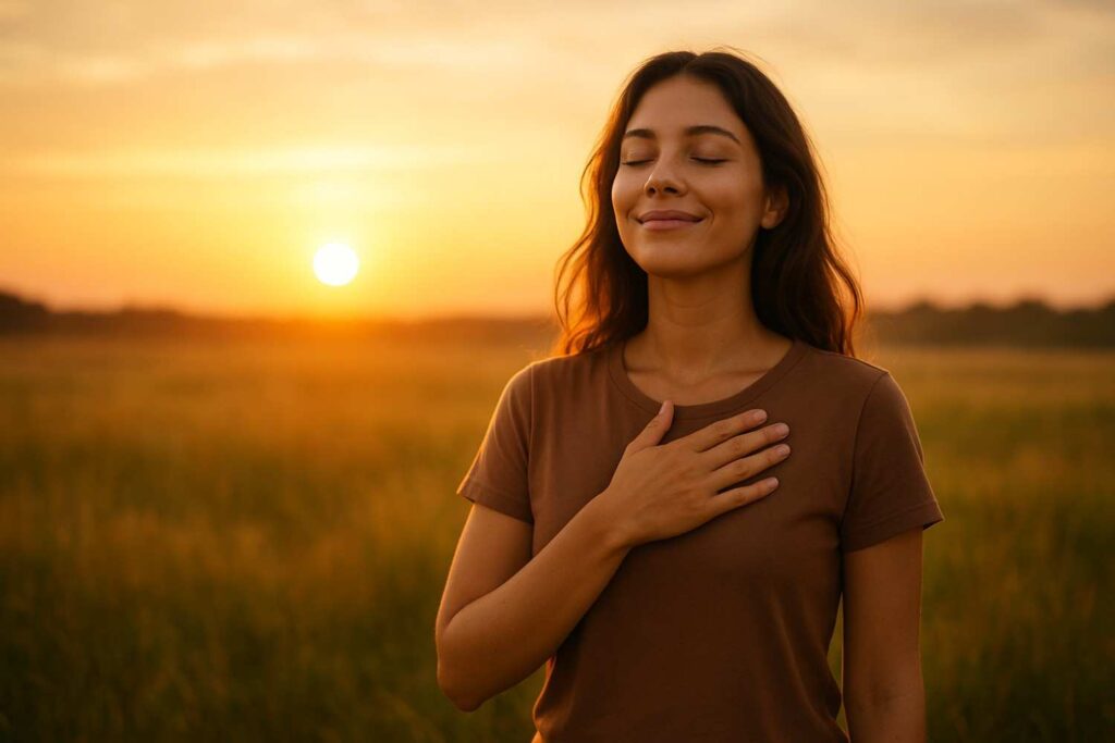A happy person standing in morning sunlight, symbolizing what makes your heart go — peace, positivity, and simple joy