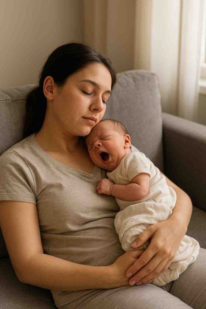 New mom resting and recovering after C-section.”
