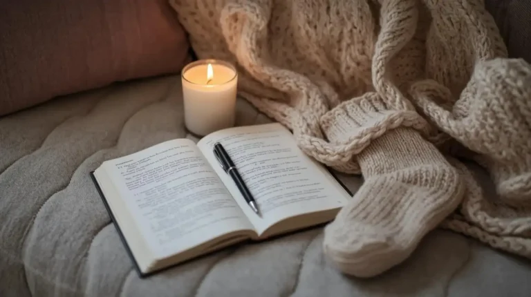 “A quiet morning moment with a cup of tea, journal, and warm blanket, reminding us to notice the small blessings in life.”