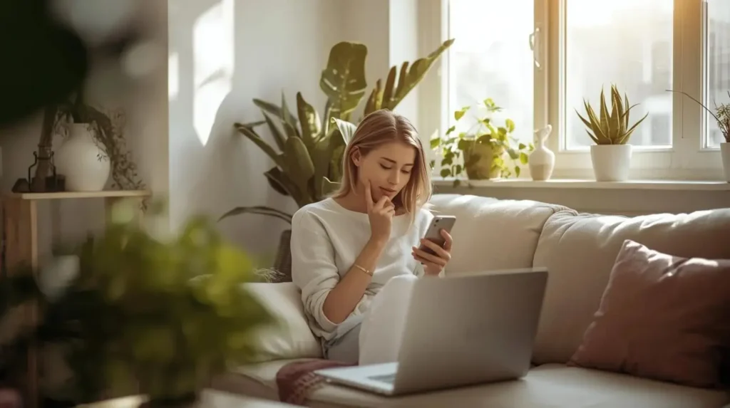 A cozy minimalist workspace with a soft warm light, a woman sitting on a couch holding a phone thoughtfully, a laptop closed beside her, a window with natural sunlight, indoor plants, neutral beige and white tones, peaceful atmosphere, representing digital balance and mindful screen time, realistic photography style, soft focus.
