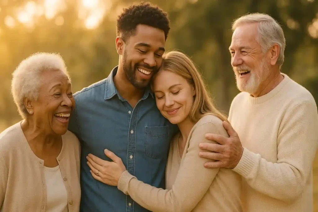 “Happy family standing together outdoors smiling in warm sunlight, symbolizing blessings and joy.”
