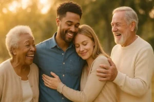 “Happy family standing together outdoors smiling in warm sunlight, symbolizing blessings and joy.”