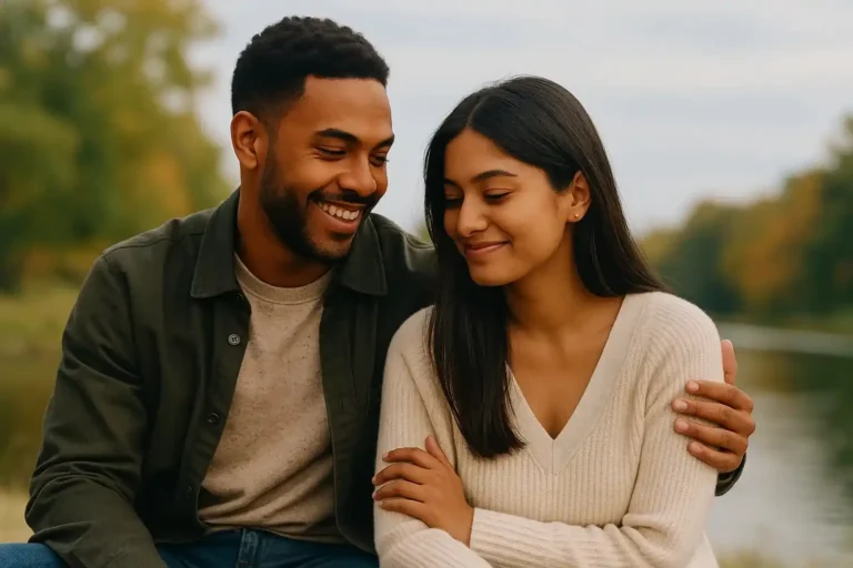 A smiling young couple sitting closely outdoors near a lake, sharing a warm, affectionate moment in a peaceful, natural setting.