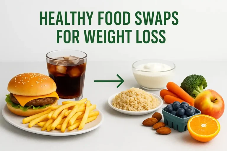 Healthy food swaps for weight loss showing unhealthy foods replaced with nutritious options
