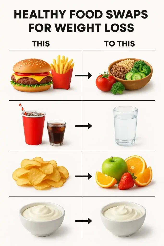 Healthy food swaps for weight loss showing unhealthy foods replaced with nutritious options

