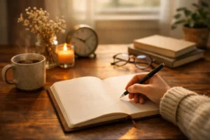 Person journaling in a notebook at a wooden desk, reflecting after 30 days of daily journaling