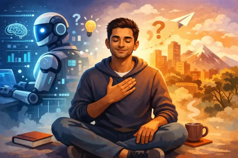 “Illustration showing a calm human embracing uncertainty while technology works in the background”