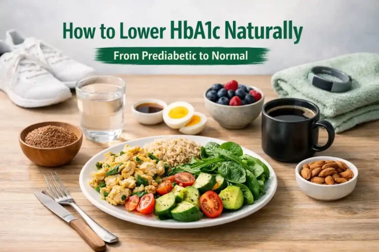 Healthy balanced meal with whole grains, vegetables, eggs, nuts, black coffee, and fitness items representing natural ways to lower HbA1c levels