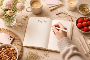 Person journaling in a notebook on a calm, cozy workspace.