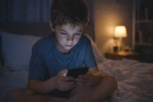 Child using a mobile phone late at night.