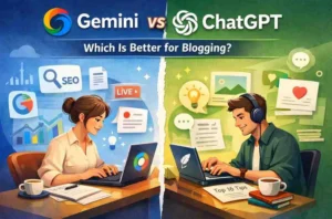 Gemini vs ChatGPT comparison for blogging, showing AI tools for content creation, SEO writing, and blog growth.”