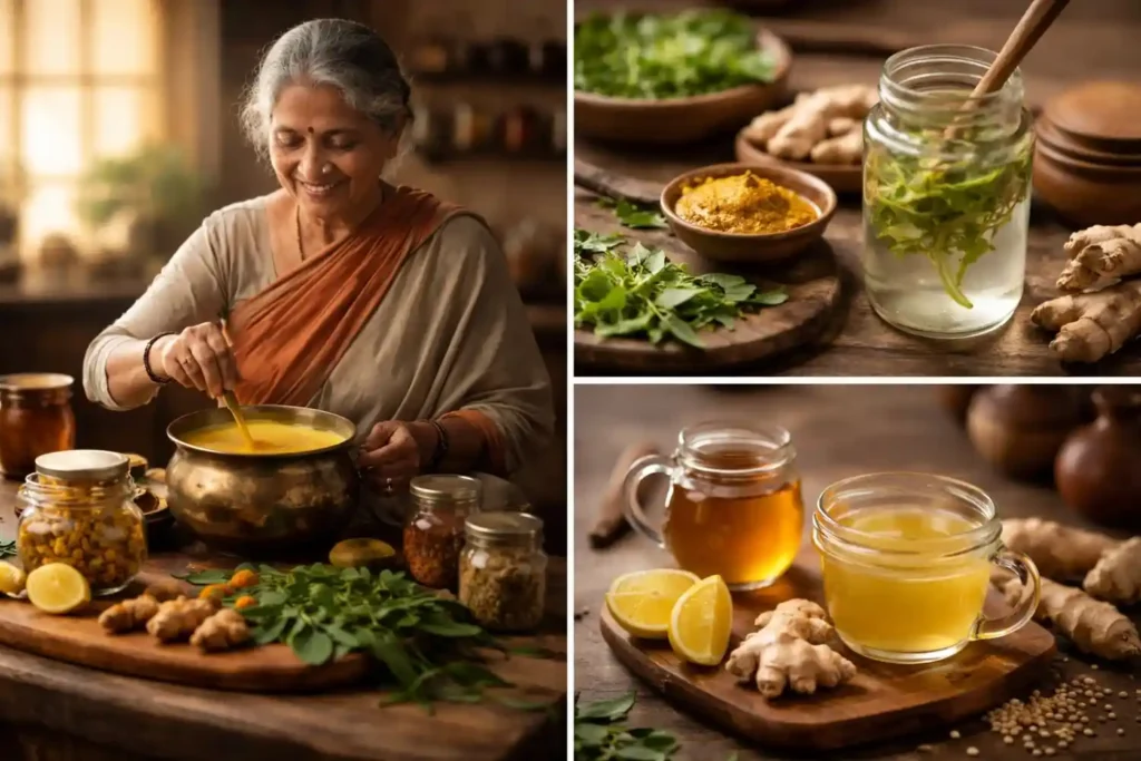 A close-up of traditional Indian home remedy ingredients arranged on a wooden table: ajwain seeds, ginger root, turmeric powder, neem leaves, soaked almonds, and a clay cup of warm herbal water. 