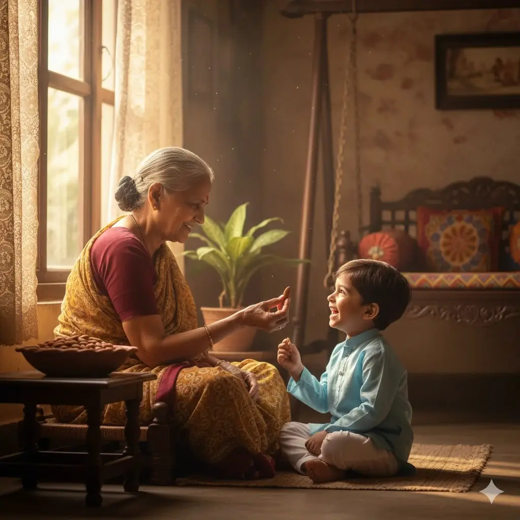 Grandmother giving soaked almonds to a child as part of a traditional healthy morning routine