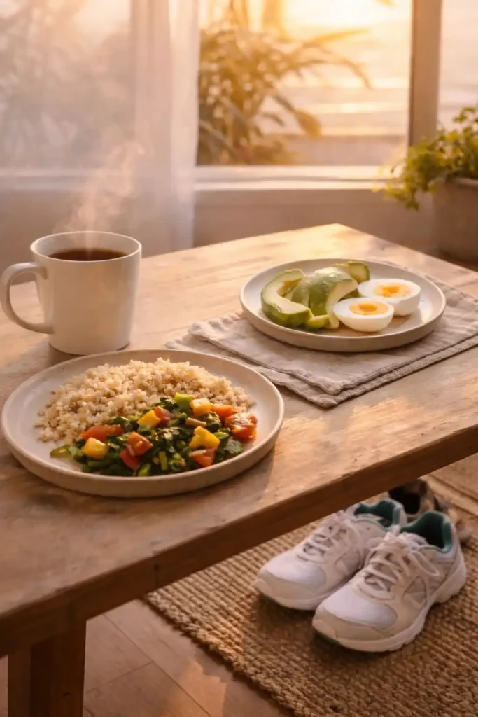 A calm lifestyle image featuring morning sunlight, a warm drink, walking shoes, and simple home food.